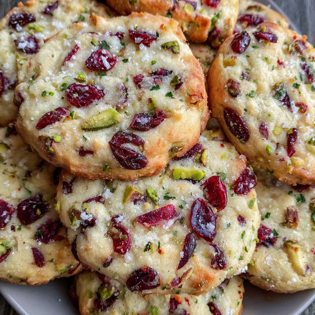 Cranberry pistachio shortbread cookies arranged on a festive tray.