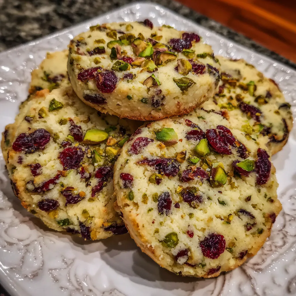 Close-up of shortbread cookie showing green pistachio and red cranberry bits.