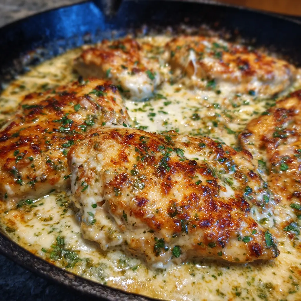 Creamy baked Asiago chicken in a skillet with sauce
