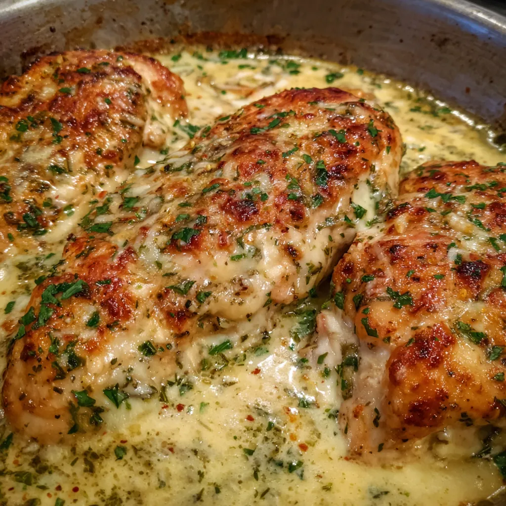 Close-up of cheesy Asiago chicken breast with parsley garnish