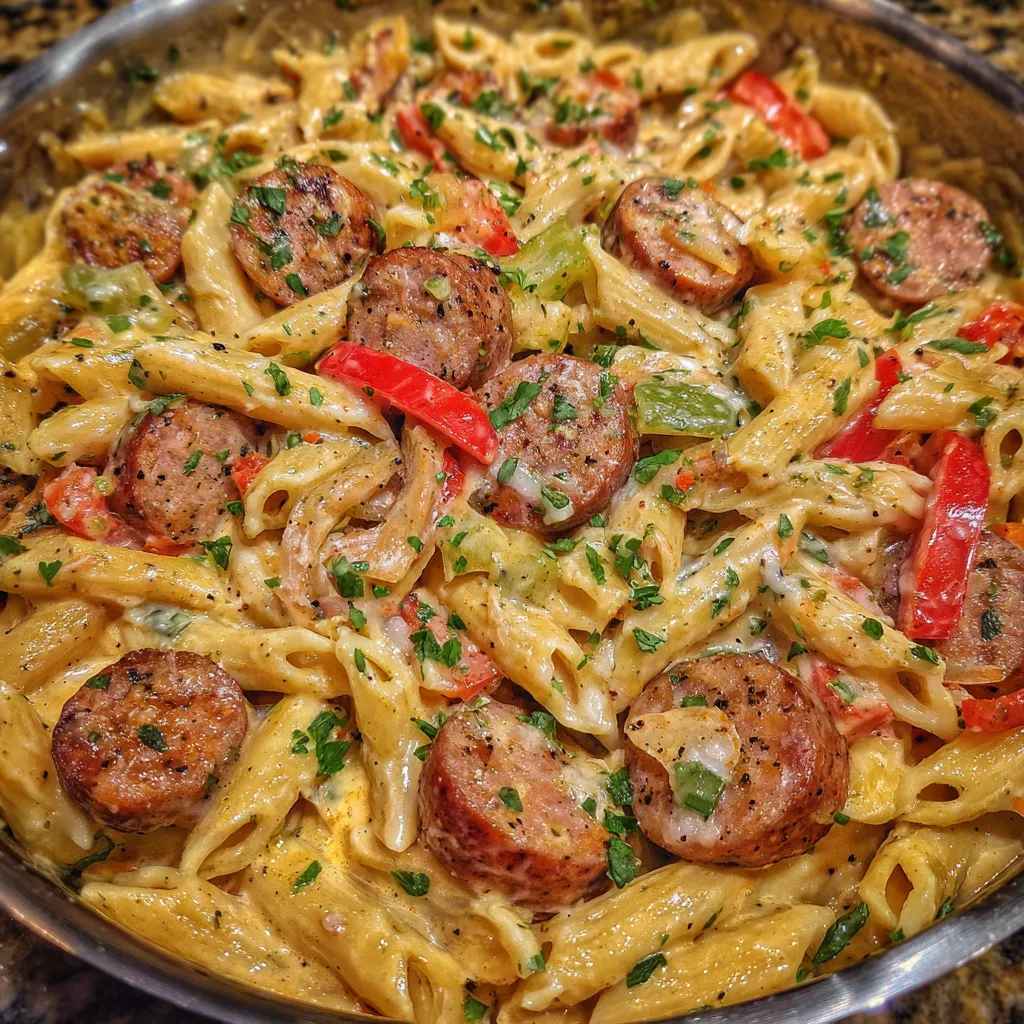 Skillet of creamy Cajun sausage pasta topped with parsley.