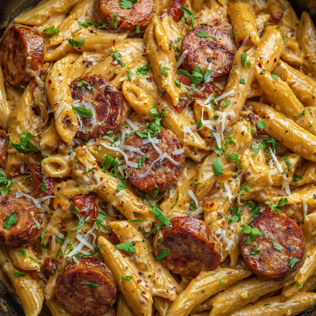 Bowl of Cajun pasta served with garlic bread and parsley garnish.