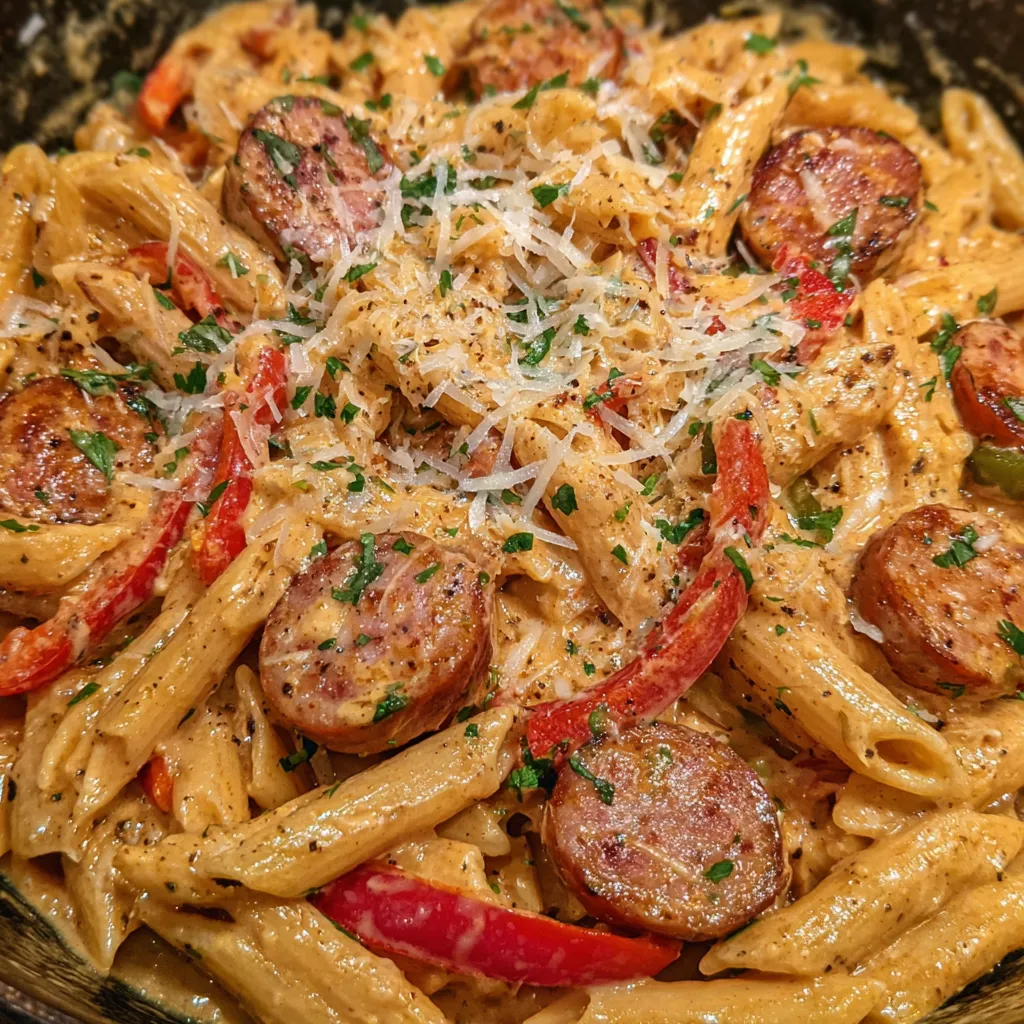 Spoon lifting creamy Cajun pasta from the pan showing sausage and sauce.
