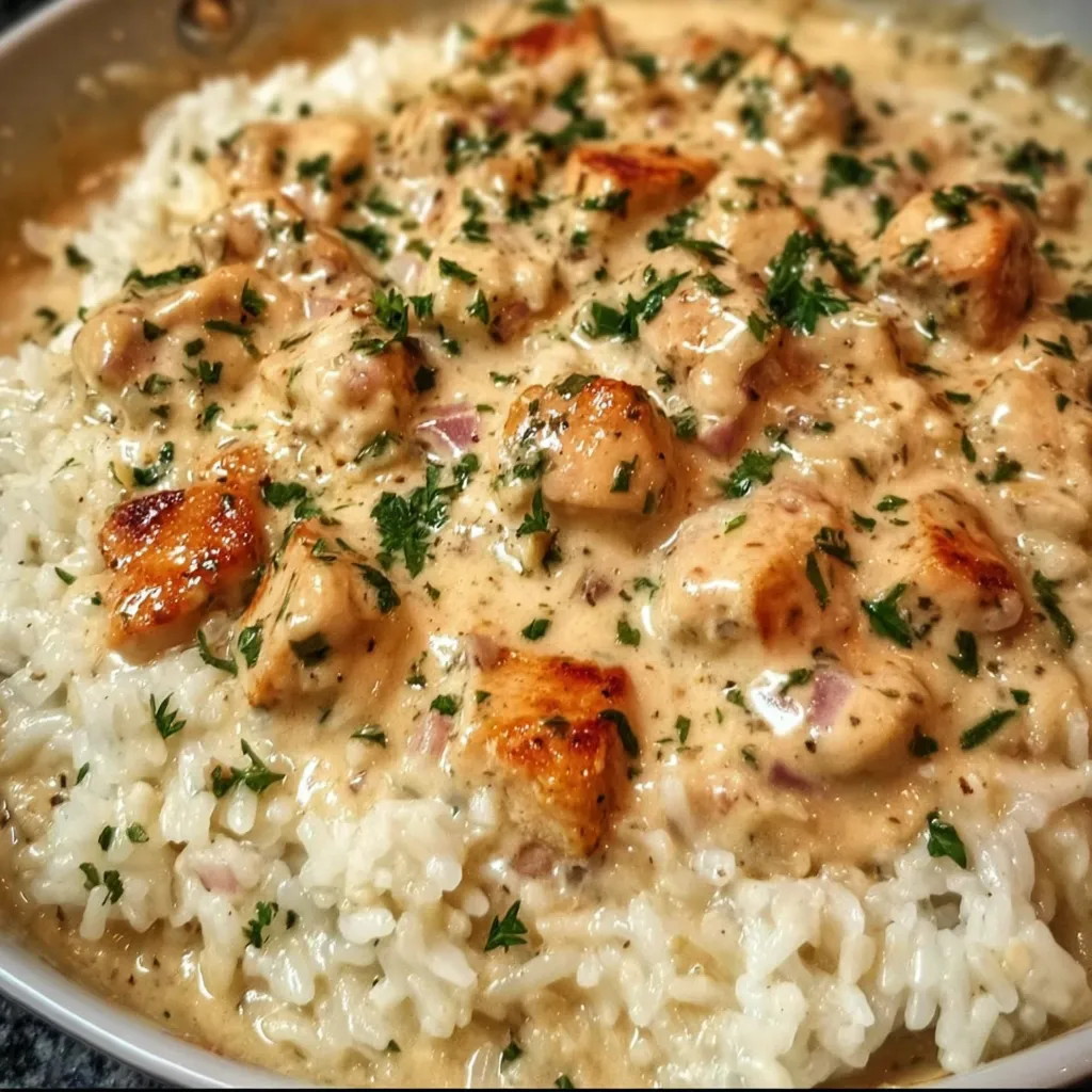 Creamy chicken and rice in a skillet topped with parsley.