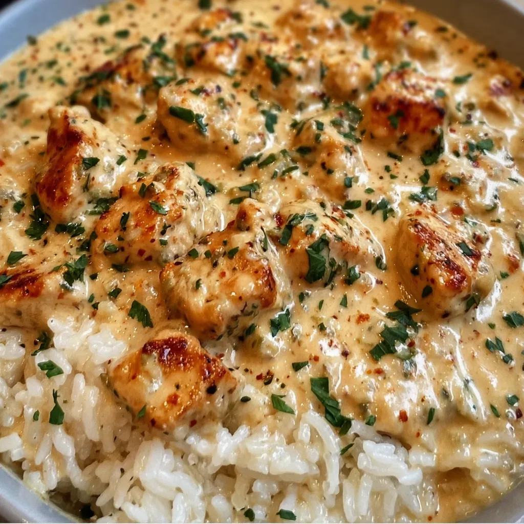 Close-up of tender chicken pieces coated in creamy sauce with rice.