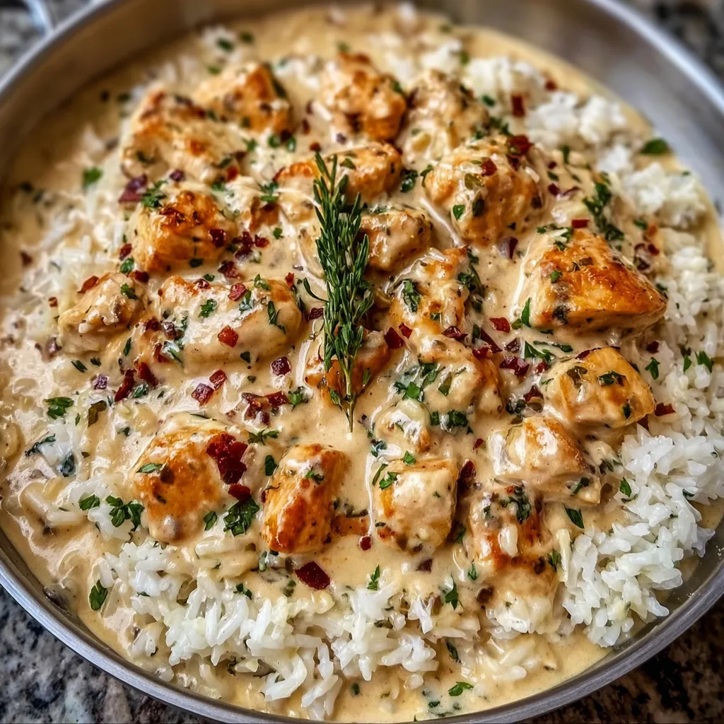 Spoonful of chicken and rice being served from a pan.