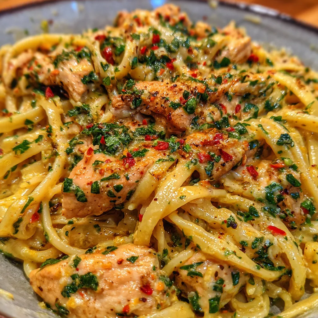 Plate of creamy chicken linguine with herbs and Parmesan