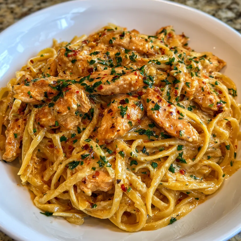 Skillet of chicken linguine with parsley garnish