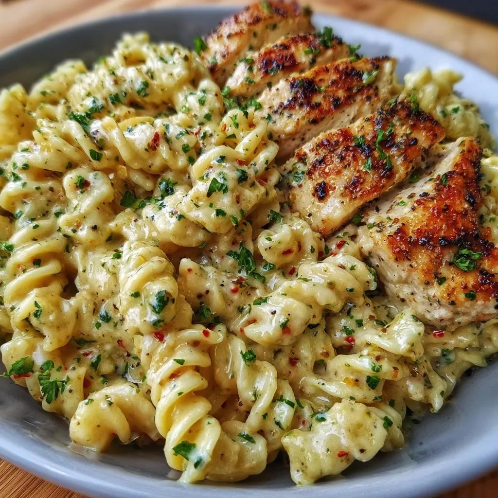 Skillet of creamy garlic parmesan chicken pasta topped with fresh parsley.