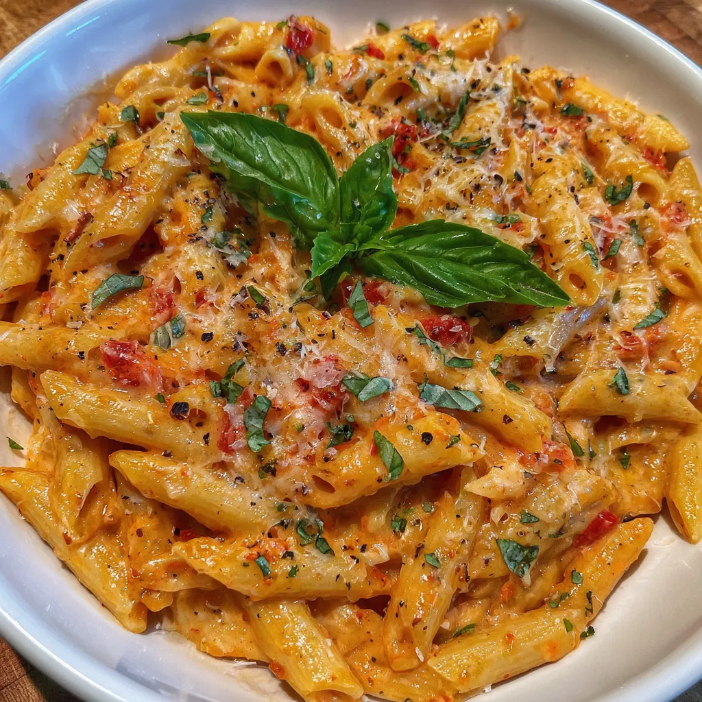 Bowl of creamy garlic tomato pasta topped with fresh basil and Parmesan.
