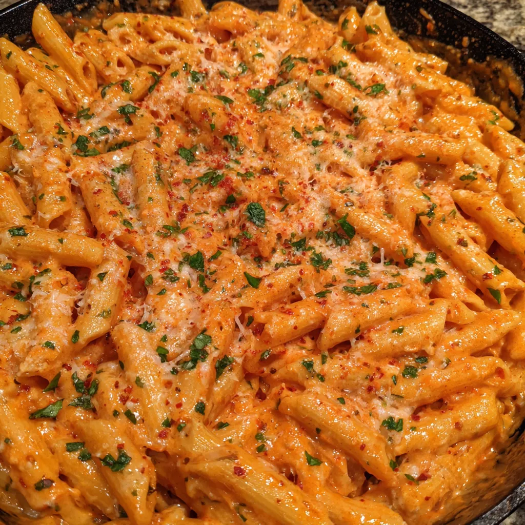 Close-up of pasta coated in creamy tomato sauce with herbs.