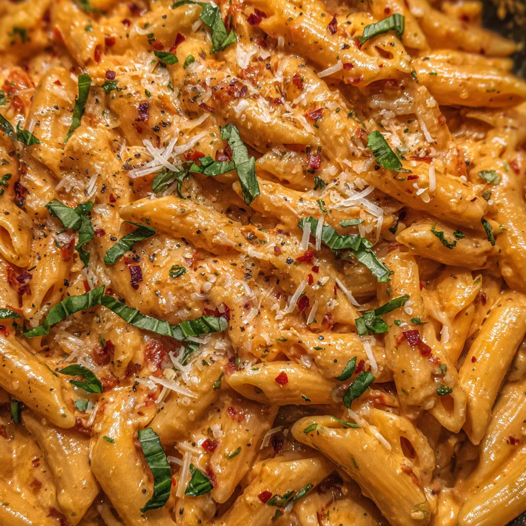 Skillet of creamy tomato pasta with steam rising.