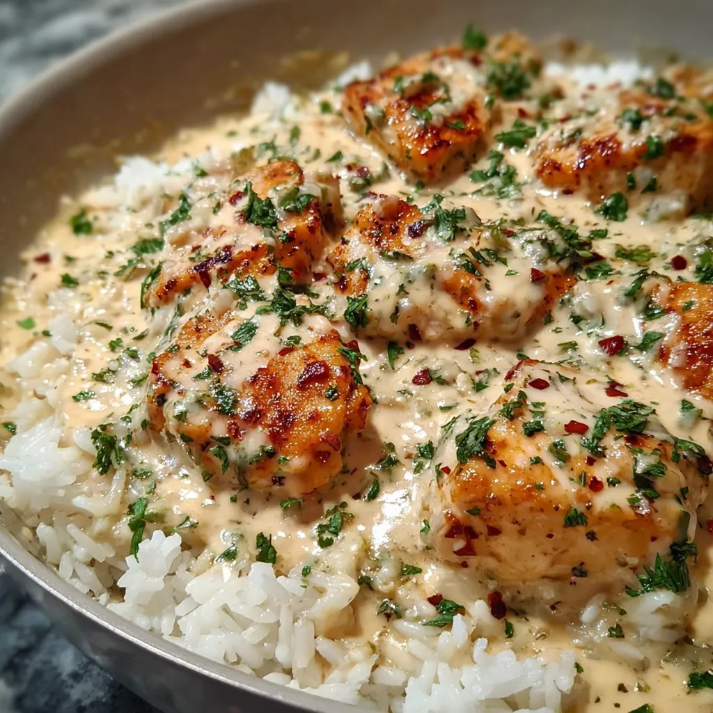 Creamy smothered chicken and rice in a skillet
