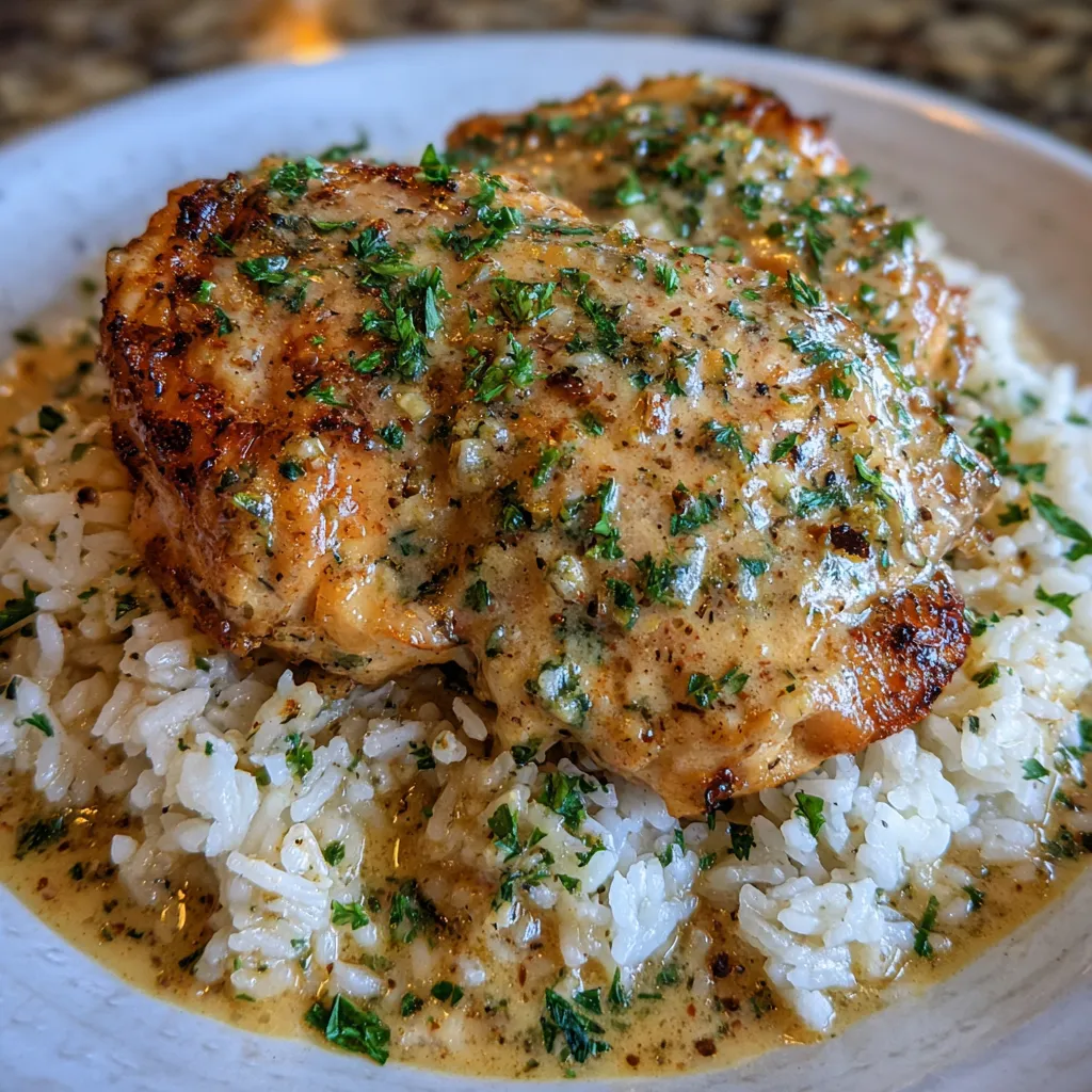 Plate of chicken and rice served with herbs and a side of vegetables.