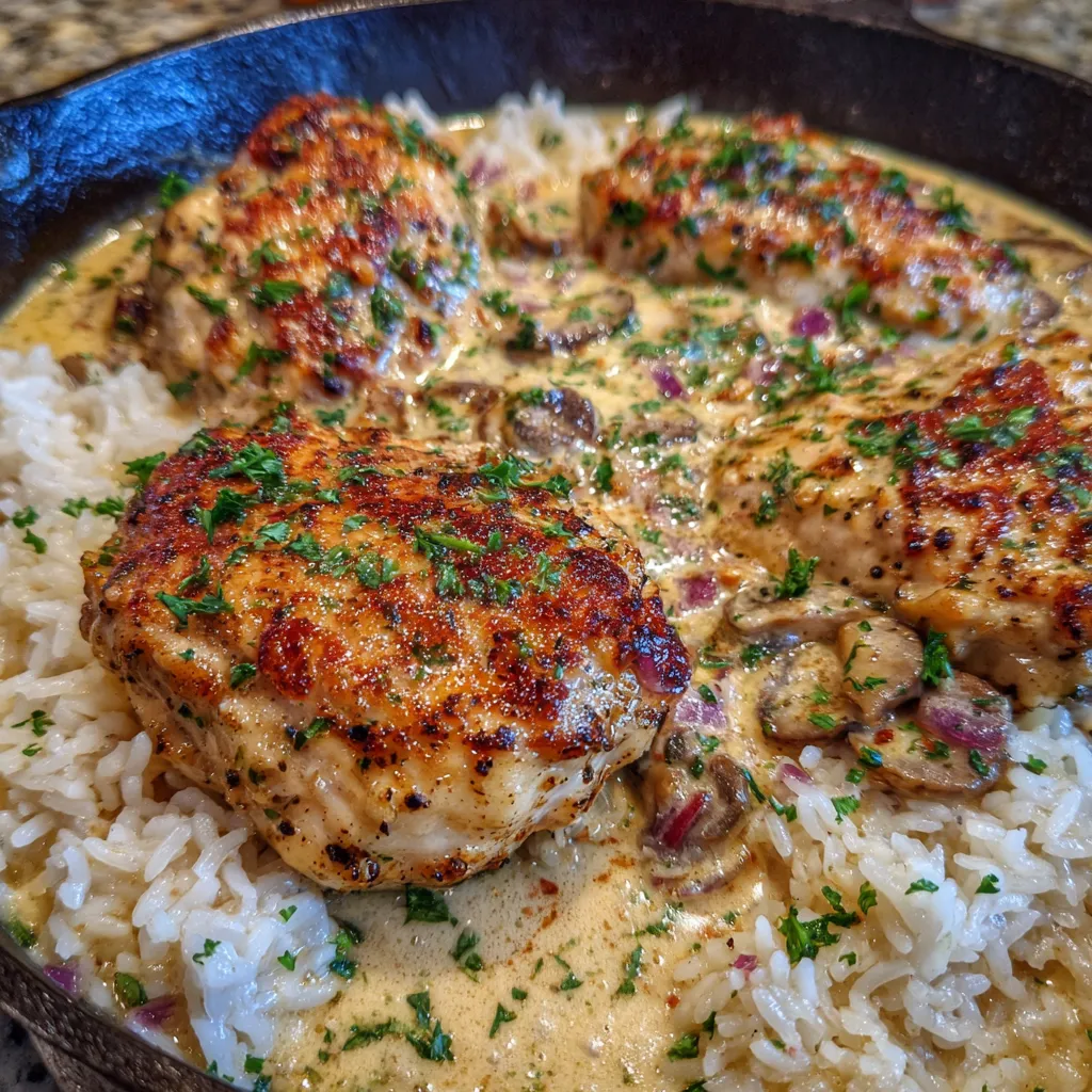 Spoon scooping creamy sauce over chicken in skillet.