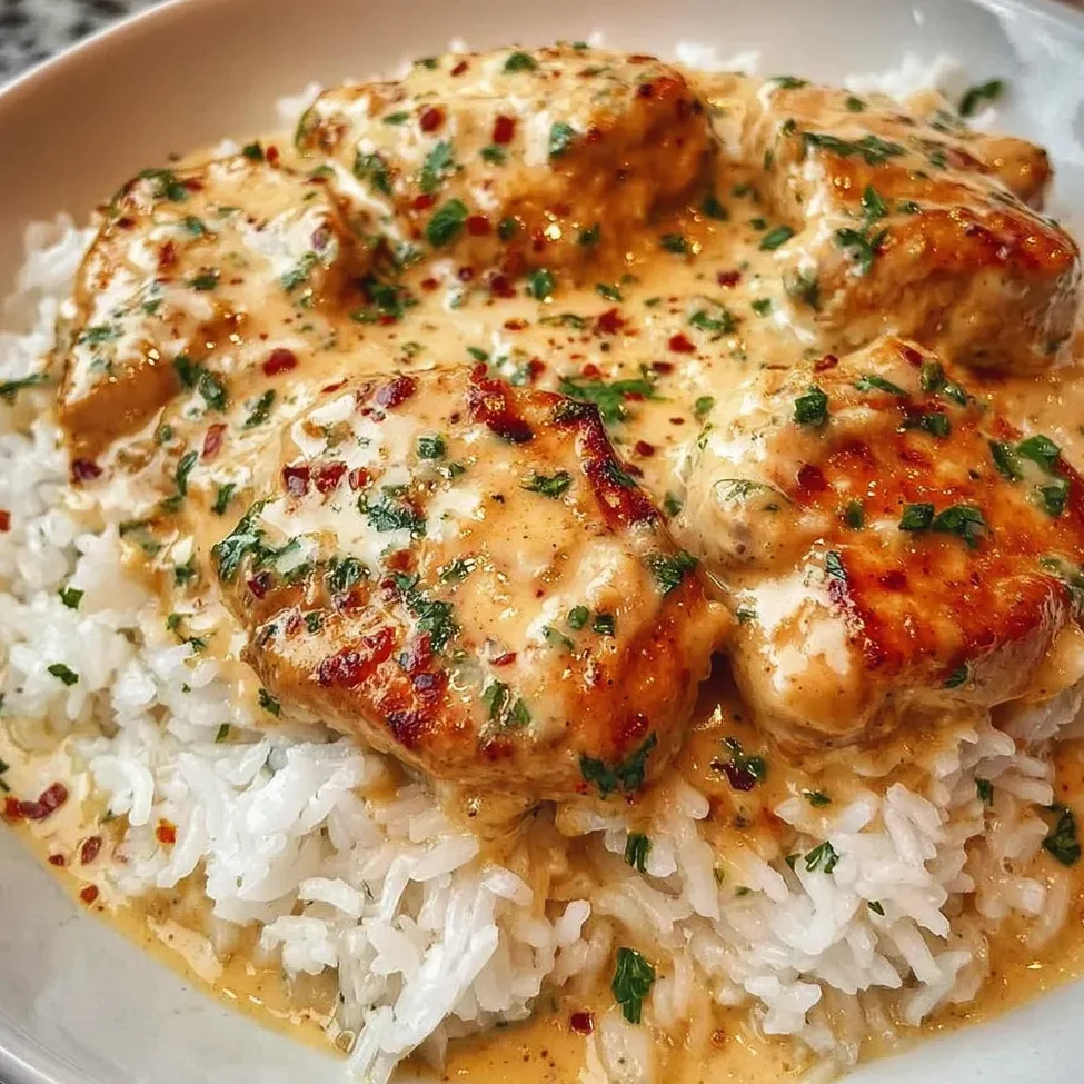 Creamy chicken and rice plated with fresh parsley