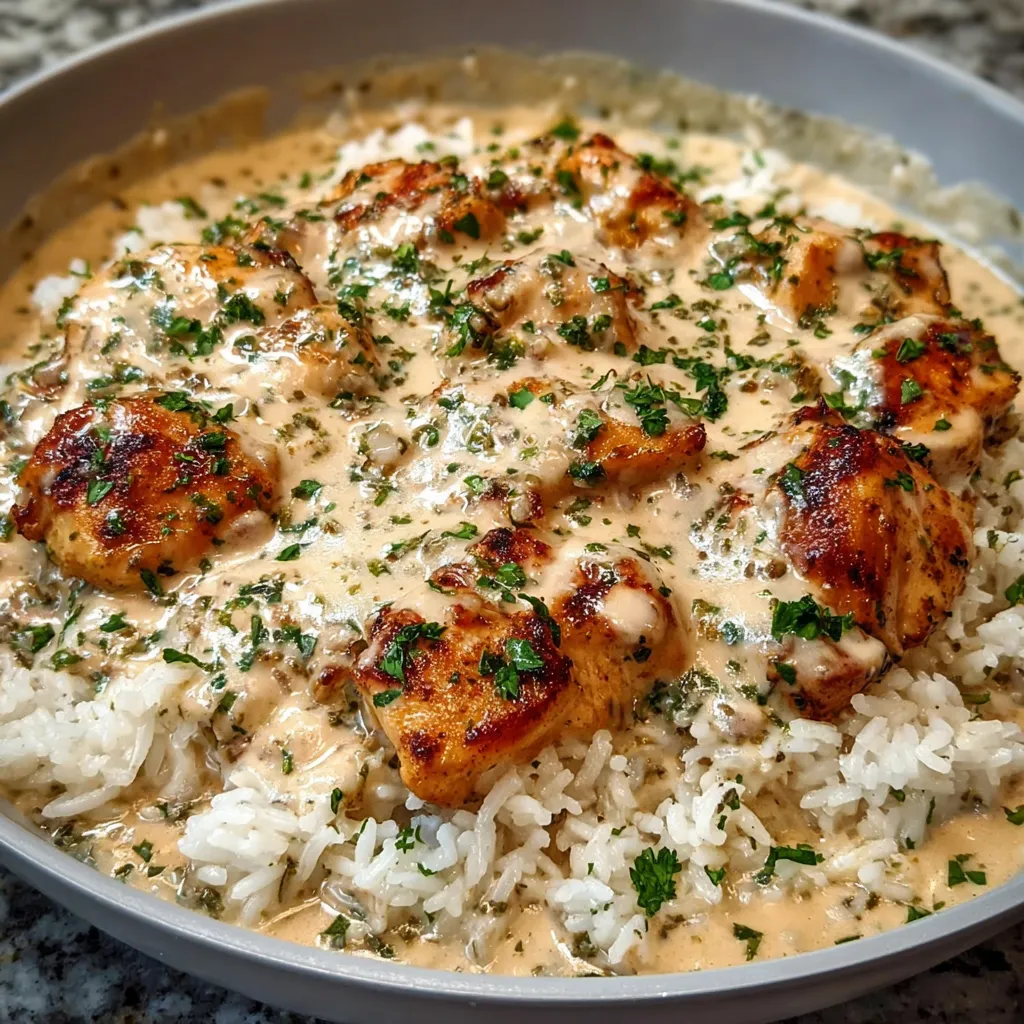 Skillet of creamy chicken and rice with melted cheese