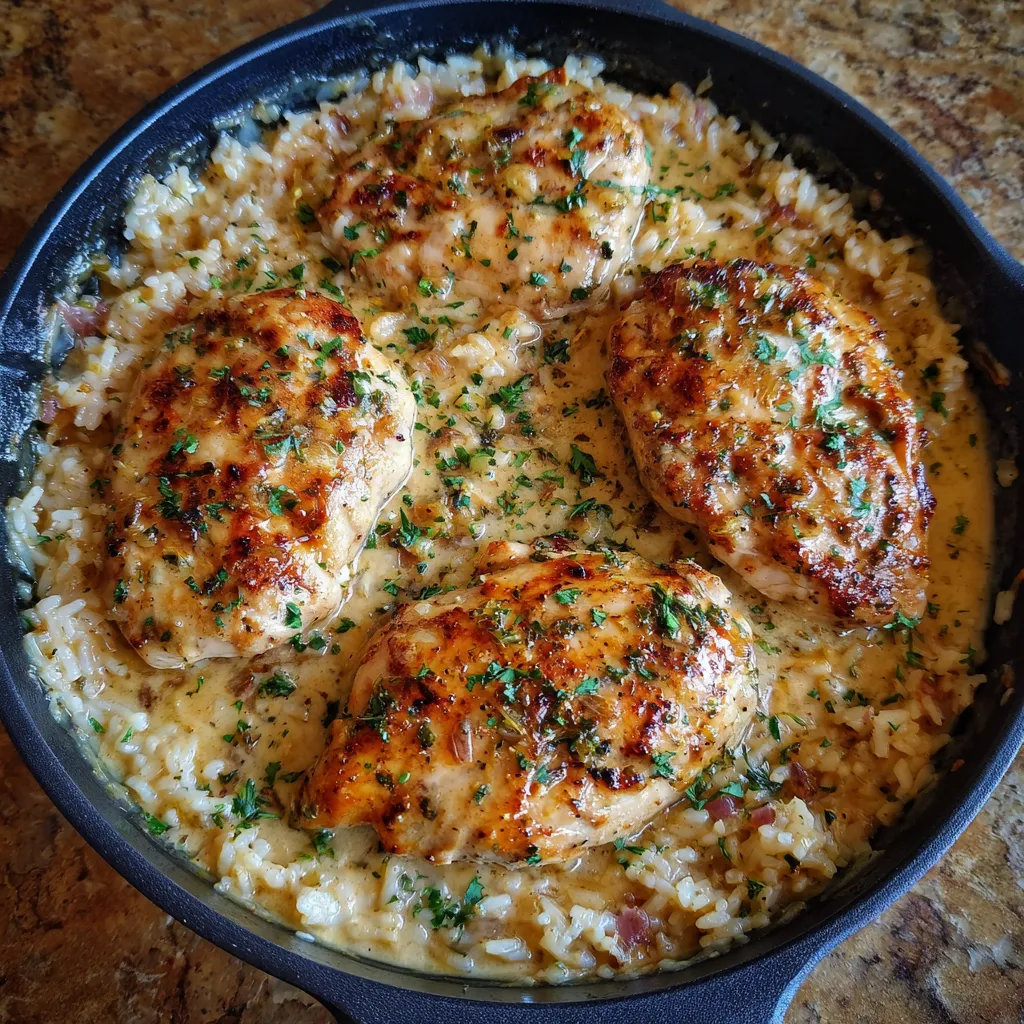 Close-up of chicken breast covered in creamy sauce beside fluffy rice.