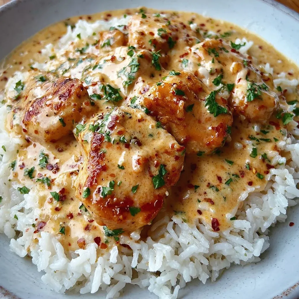 Creamy smothered chicken served over rice in a skillet