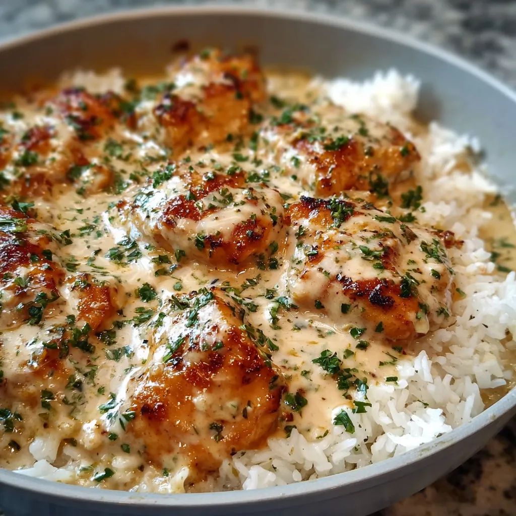Plate of creamy rice and chicken with fresh herbs