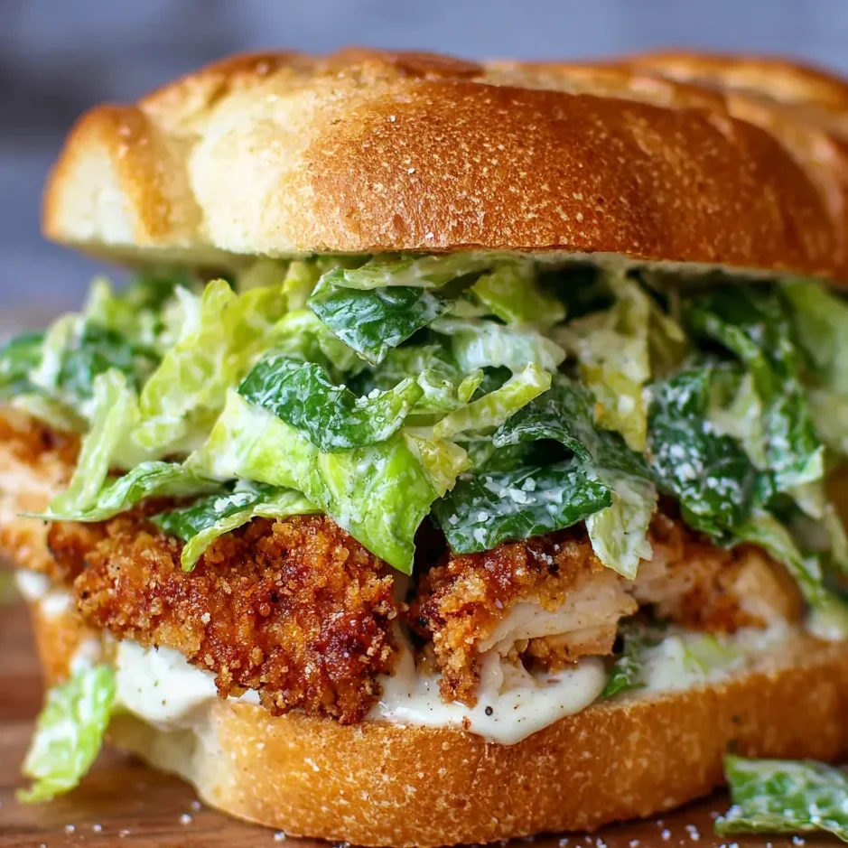 Close-up of sandwich with golden bread, lettuce, and Parmesan flakes.