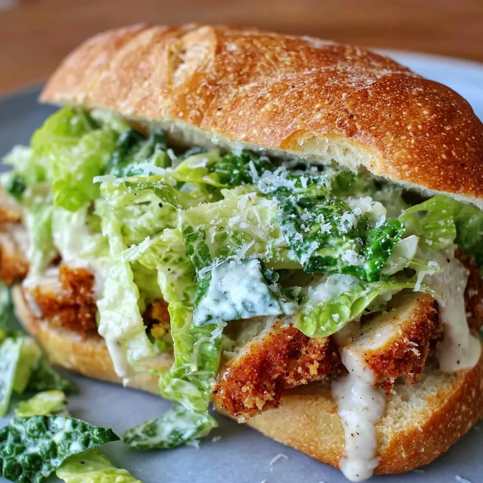 Crispy chicken Caesar sandwich sliced in half showing layers of chicken, lettuce, and dressing.