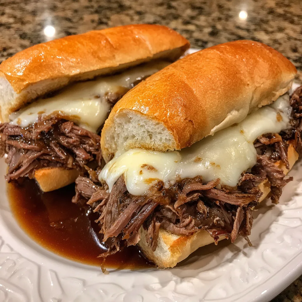 Close-up of shredded beef sandwich dipped into rich au jus.