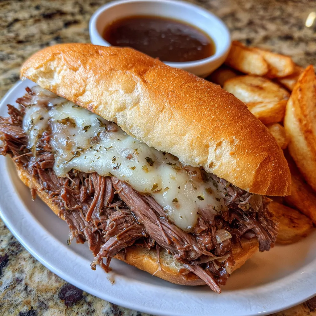 Tray of cheesy French dip sandwiches with bowls of au jus.