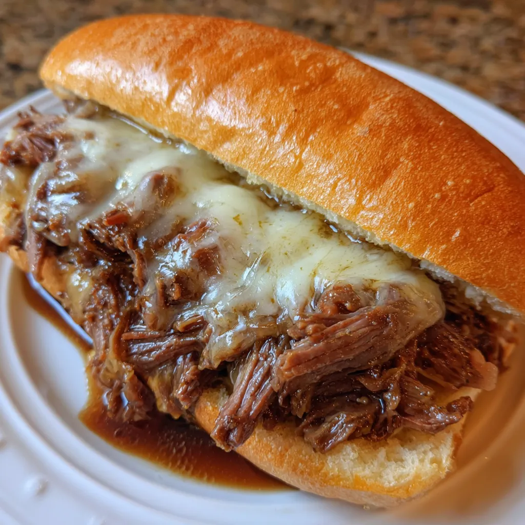 Hand holding half a sandwich dripping with au jus.