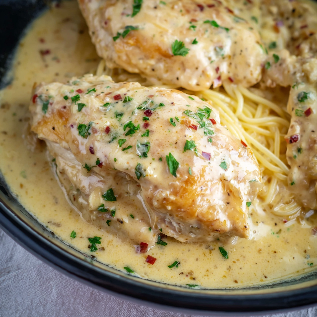 Crockpot angel chicken served over angel hair pasta