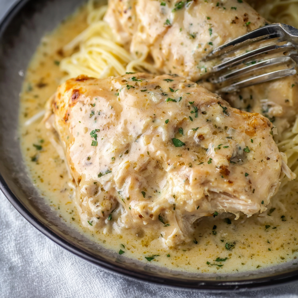 Crockpot filled with creamy angel chicken and sauce