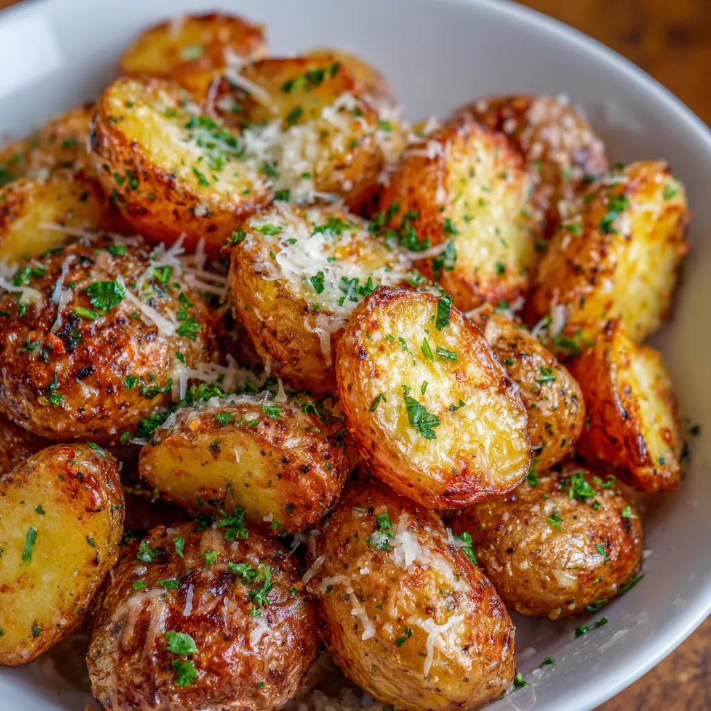 Crockpot filled with golden roasted potatoes topped with melted Parmesan.