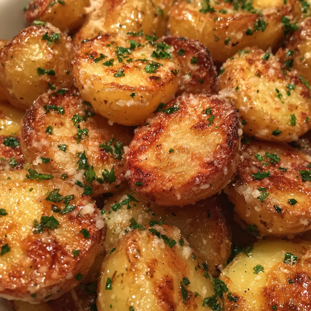 Close-up of crispy baby potatoes coated in Parmesan and herbs.