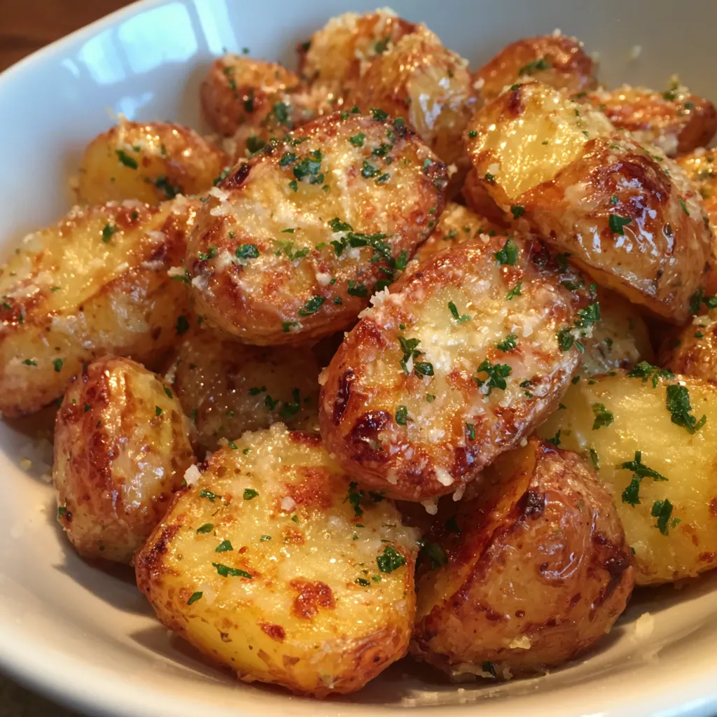 Spoon lifting a serving of buttery Parmesan potatoes from the crockpot.