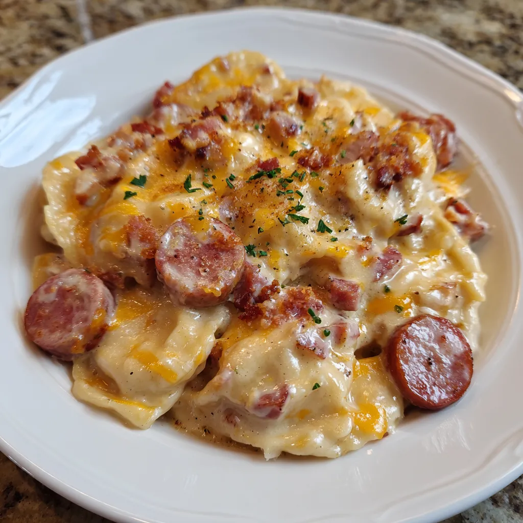 Plate of cheesy pierogi casserole topped with parsley