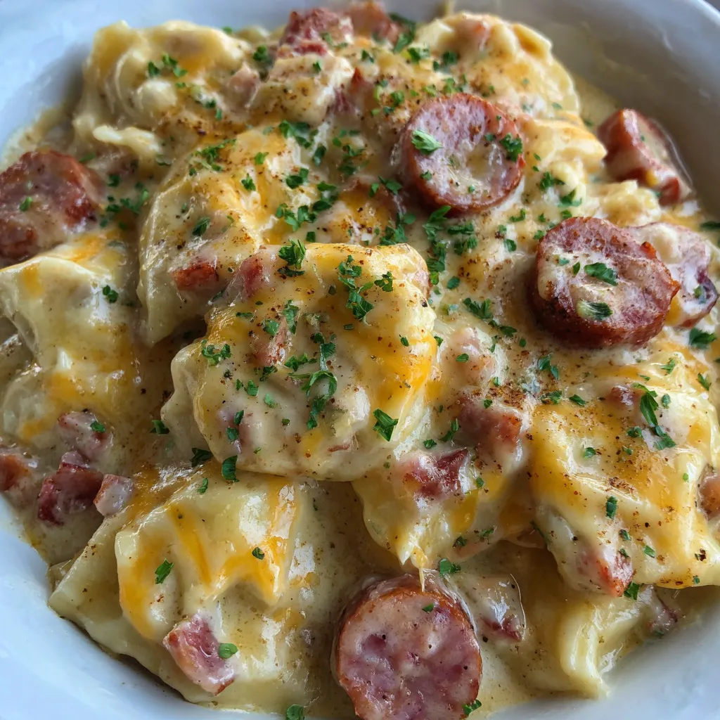 Cheesy pierogi casserole served in a bowl with fork