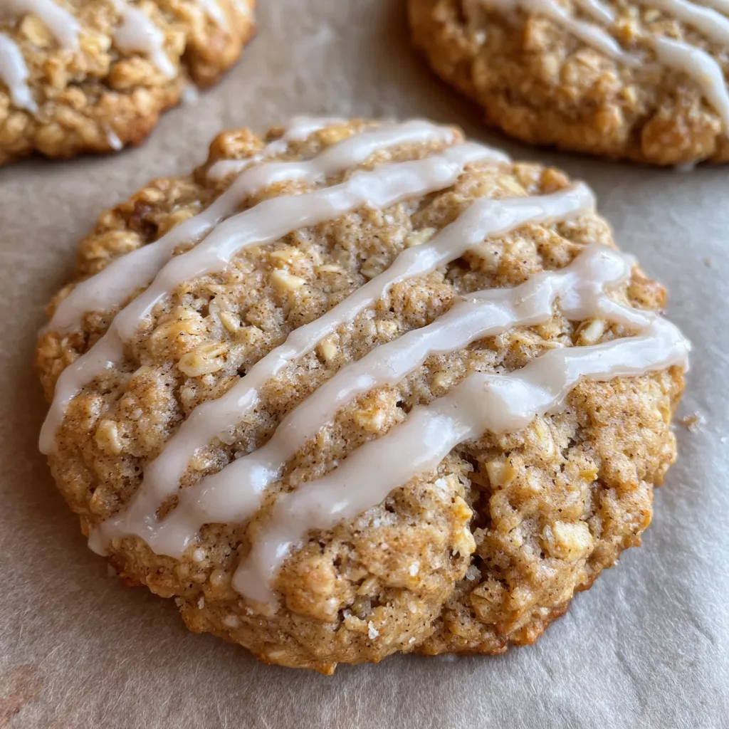 Close-up of thick oatmeal cookies with icing set on top