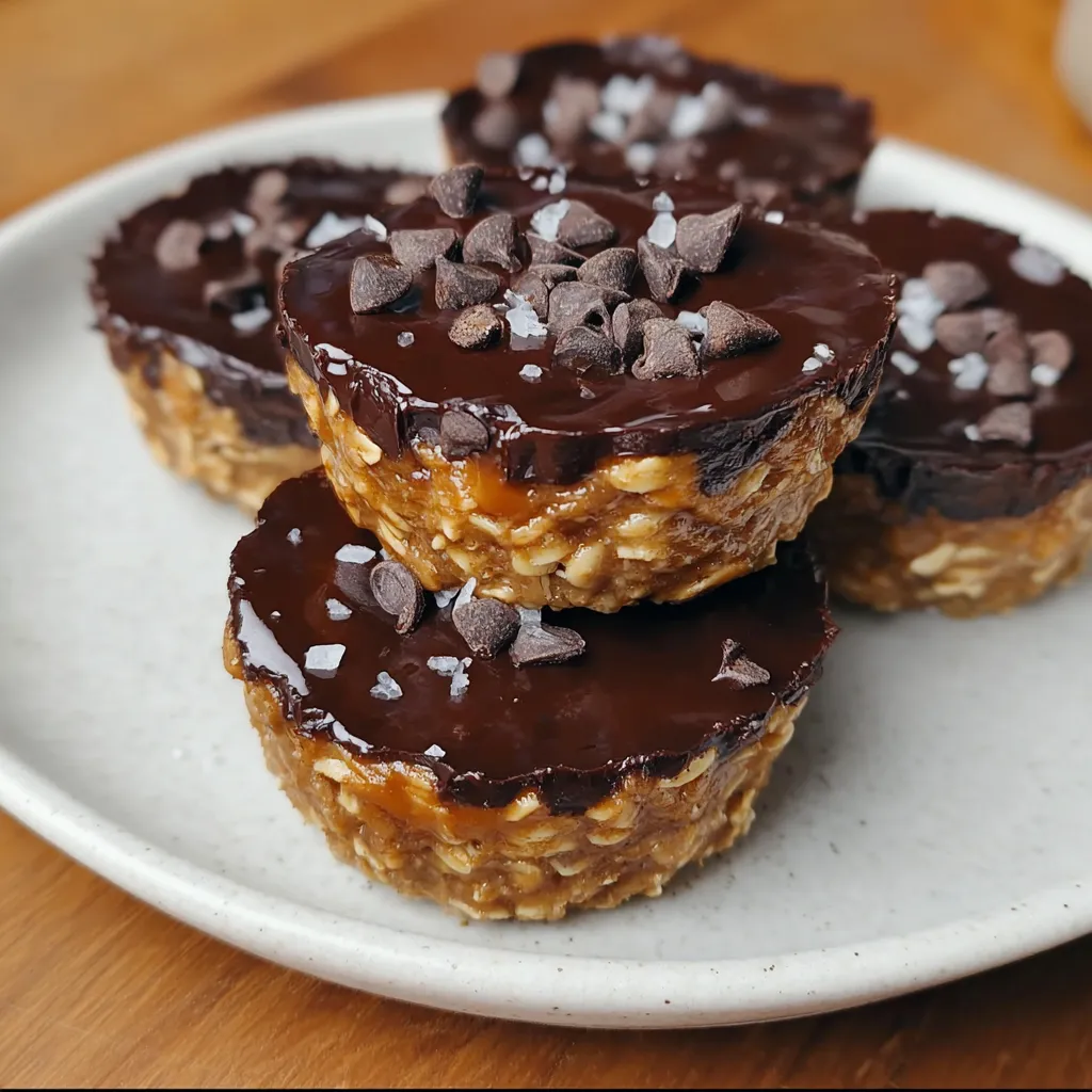 Stack of oatmeal cups on parchment with oats and chocolate scattered around.