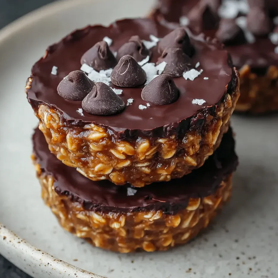 Dark chocolate oatmeal cups in a muffin tin, studded with melted chocolate chips.
