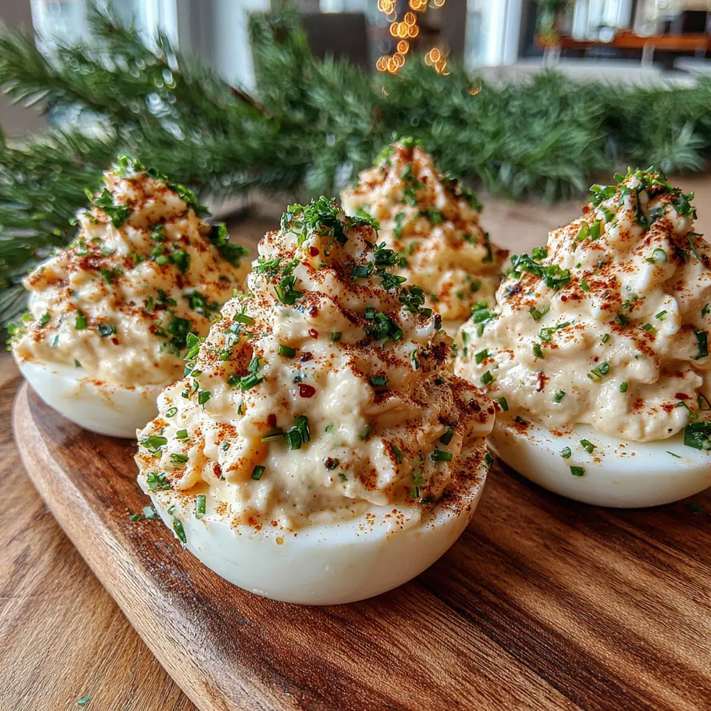 Festive deviled eggs decorated as mini Christmas trees