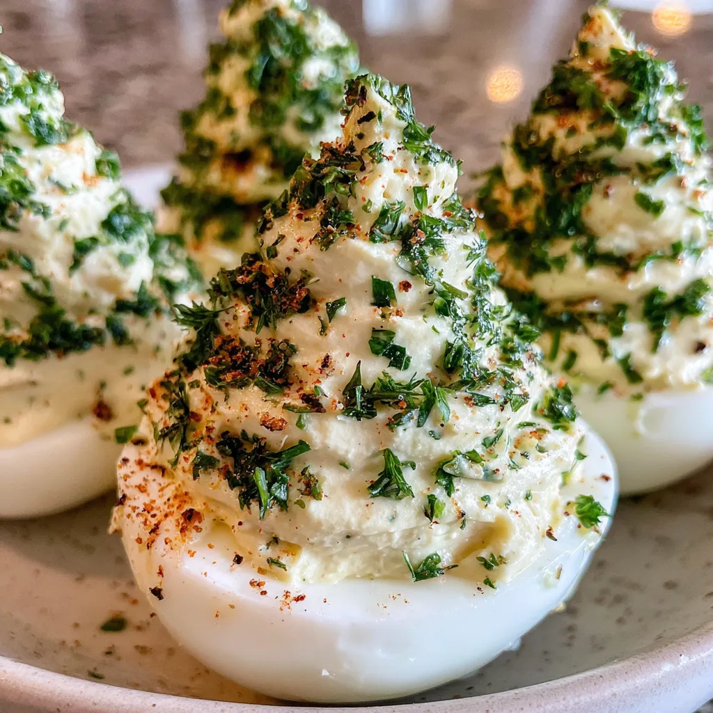 Close-up of green deviled egg “trees” with herb sprinkles