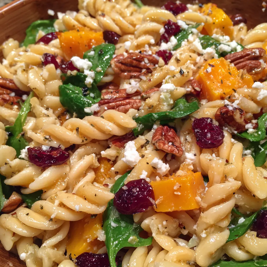 Bowl of colorful fall harvest pasta salad with roasted squash and cranberries.