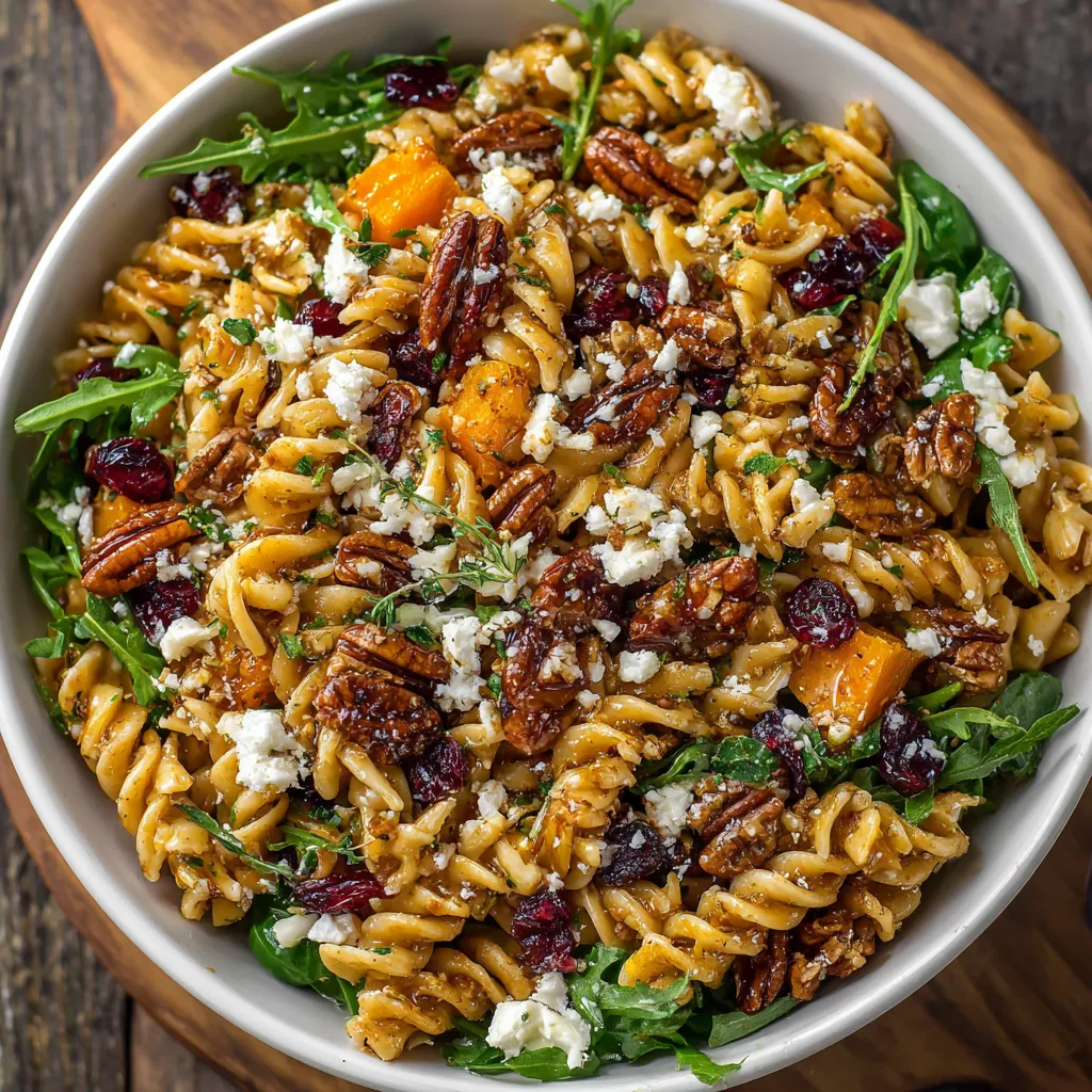 Close-up of pasta salad showing butternut squash, cranberries, and feta.