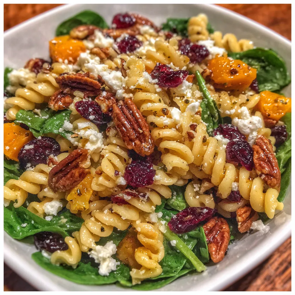 Serving spoon scooping pasta salad with spinach and roasted vegetables.