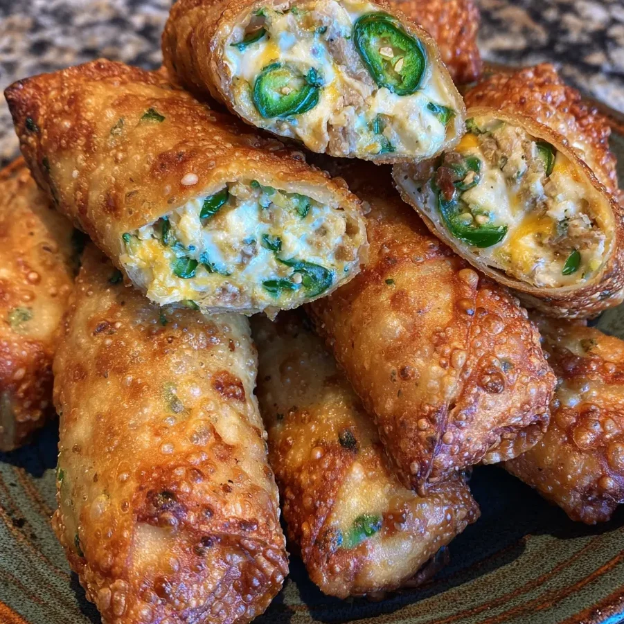 Golden mini jalapeño popper egg rolls stacked on a serving tray.
