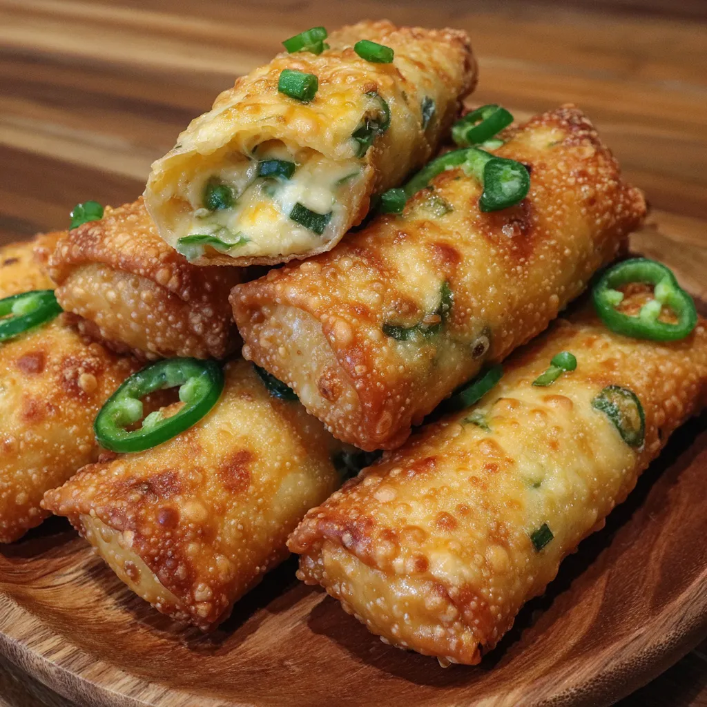 Close-up of an egg roll split open showing melted cheese and jalapeño filling.