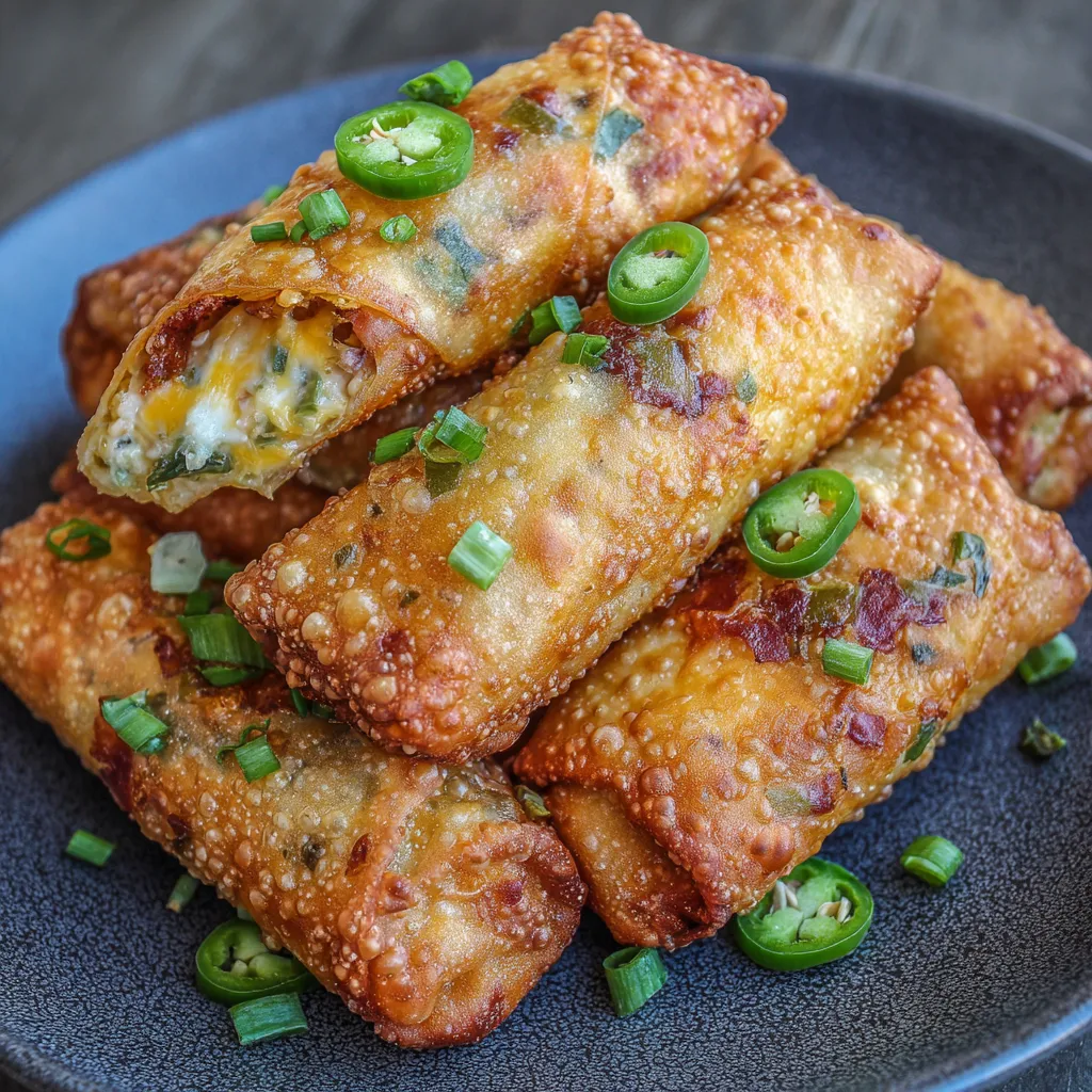 Hand holding a mini egg roll with melted filling oozing out.
