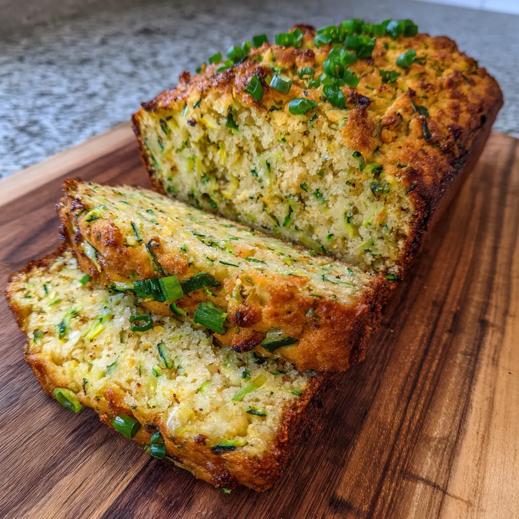 Sliced zucchini cheddar bread on a cutting board with melted cheese visible.