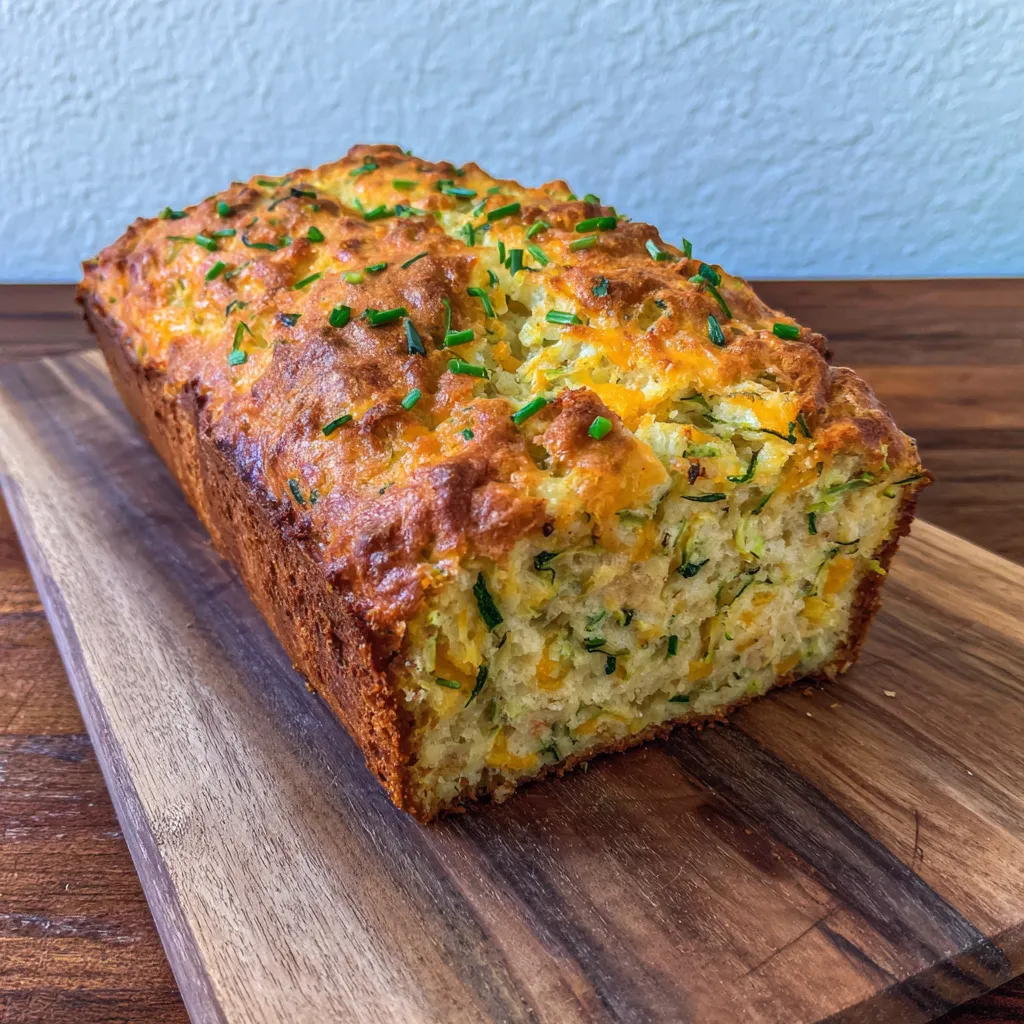 Close-up of a loaf of zucchini cheddar bread with golden, crisp edges.