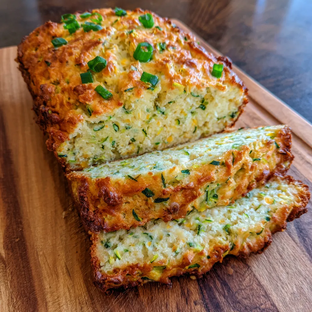 Slice of zucchini cheddar bread served with butter and herbs.